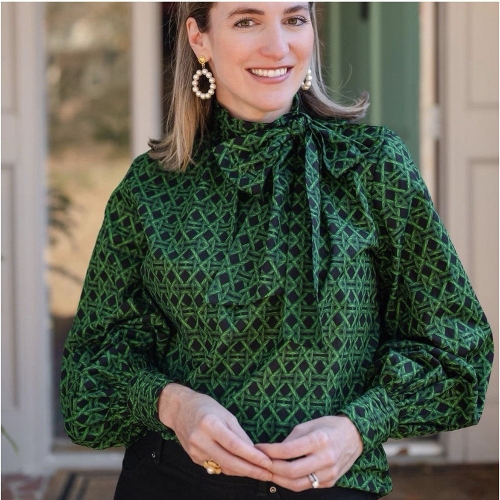 A Loves A Top M Black Green Voile Lattice Long Sleeve Bow Neck Back Buttons